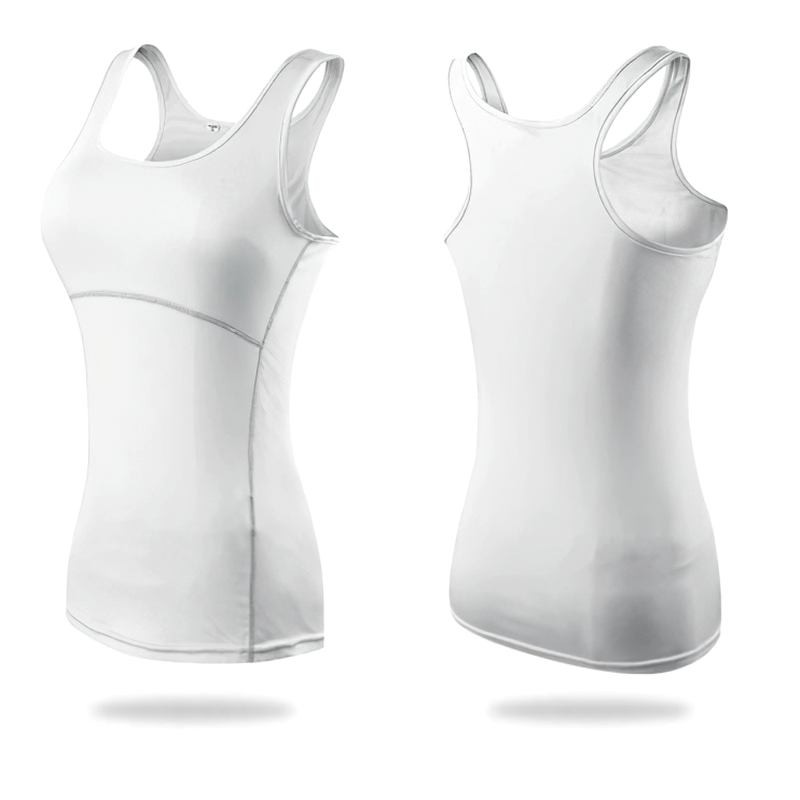 White slim tank top for women, perfect for yoga and gym, made of breathable polyester and spandex with anti-shrink and quick-dry properties.